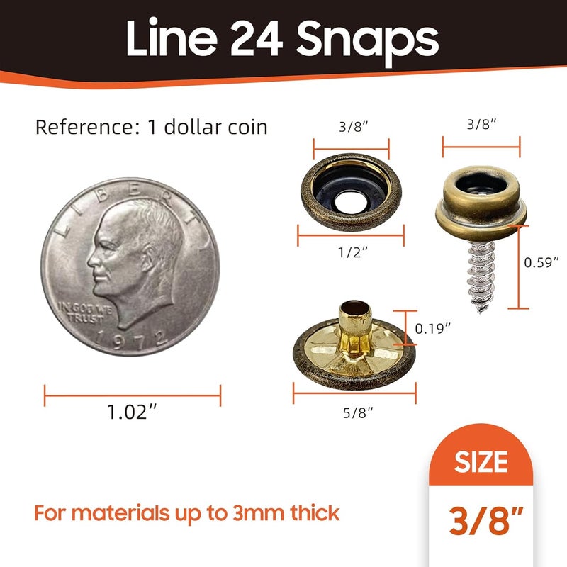 HAPDEN 160 Pcs Snap Buttons, Snap Fasteners Kit 15mm Stainless Steel Snaps Marine Grade Boat Canvas Snaps, 3/8" Socket Metal Snap for Clothing Leather Boat Cover Fabric (Bronze) - Image 3
